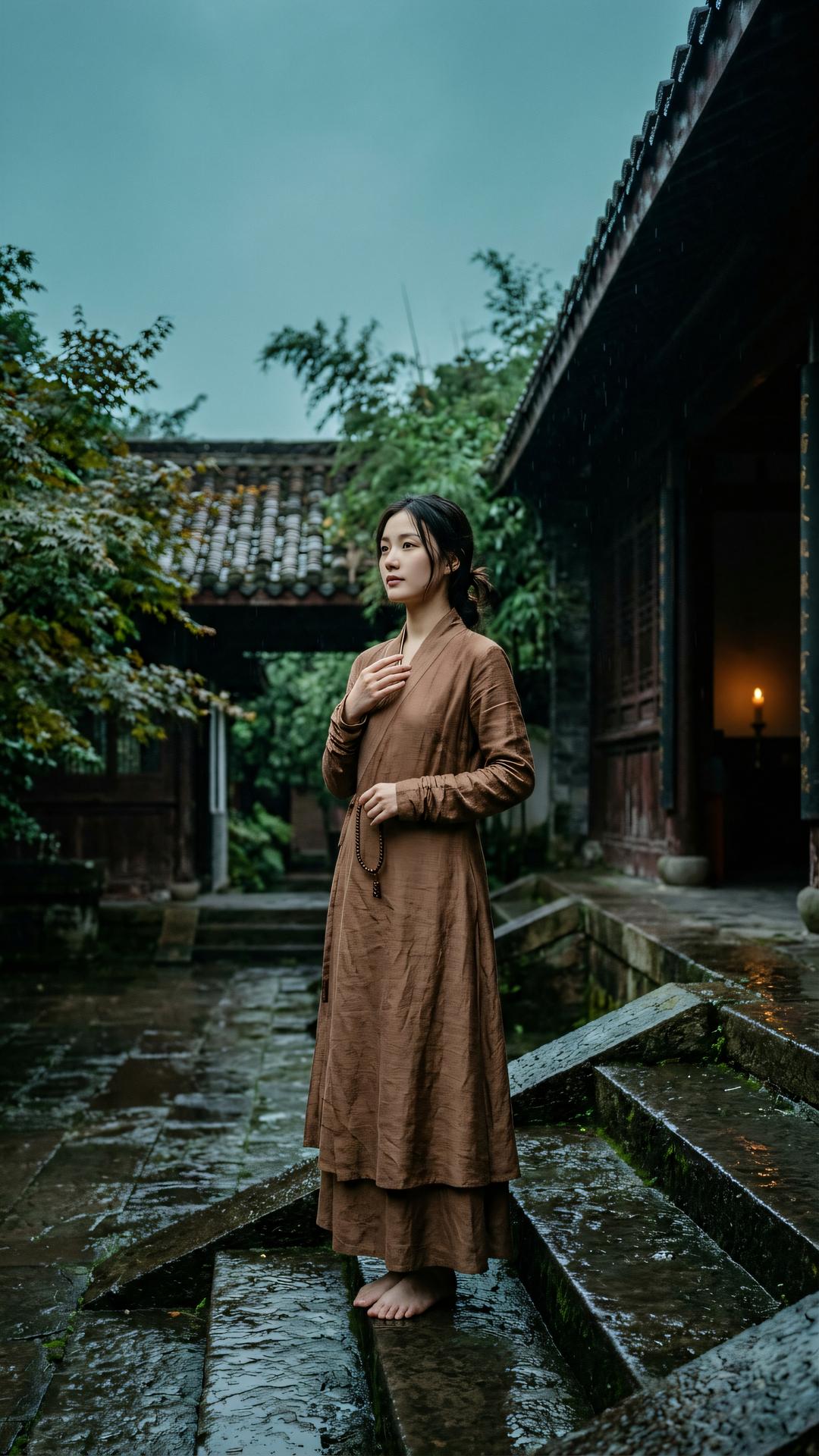 身处喧嚣百万亿，心向深林一径凉。云影无心逐流水，雨后阶前现本光。