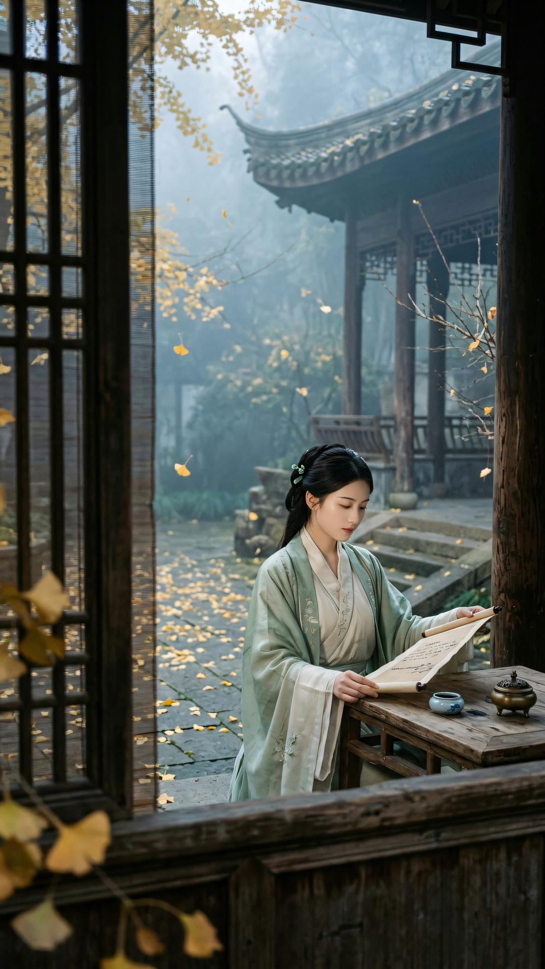 梵音绕古刹，贝叶映秋霜。世路纵摇落，本心未曾荒。
